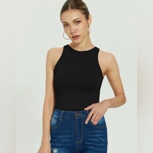 Reoria Black High Neck Sleeveless Thong Bodysuit- Small